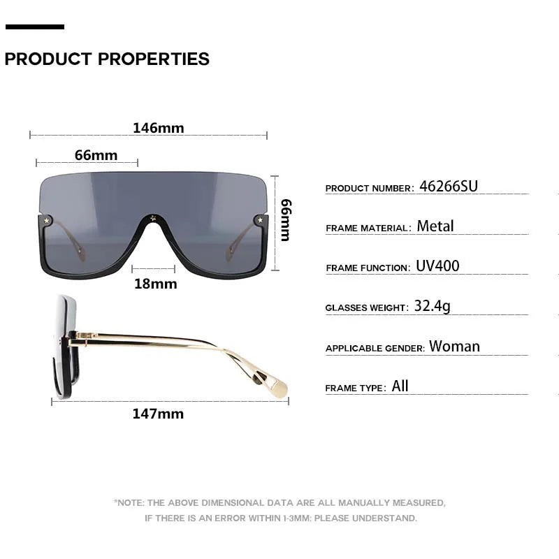 46266 Oversized Sunglasses One-Piece Lenses Men Women's Sunglasses Vintage Female Shades Uv400 Lentes De Sol