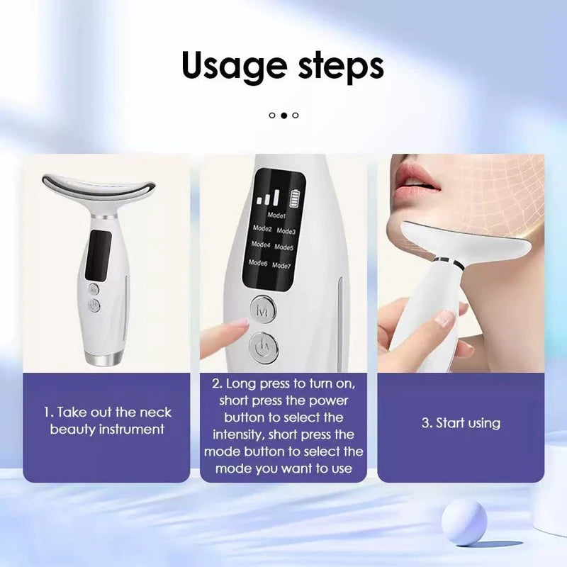 Portable 7-Color LED Light Therapy Facial And Neck Massager, 3 Adjustable Levels, Gentle Vibration, Anti-Wrinkle, Skin Firming