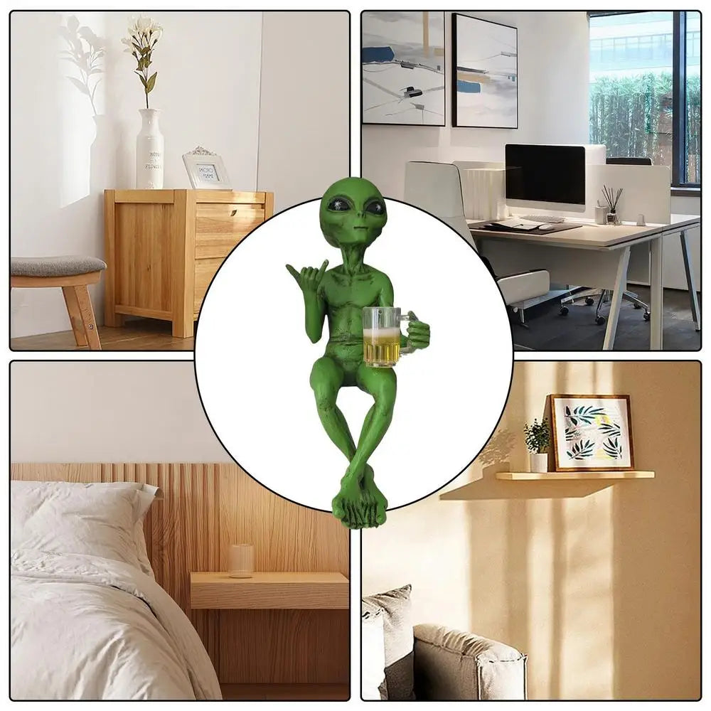 Resin Alien Figurine Beer Drinker Garden Yard Art Ornament Funny Sculpture Desktop Decor for Home Landscaping