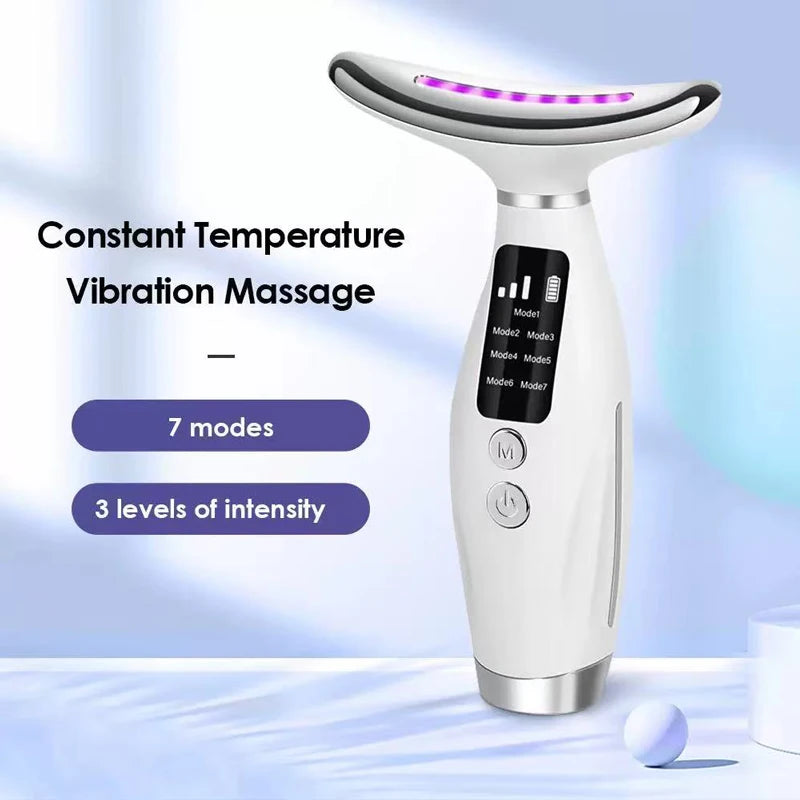 Portable 7-Color LED Light Therapy Facial And Neck Massager, 3 Adjustable Levels, Gentle Vibration, Anti-Wrinkle, Skin Firming